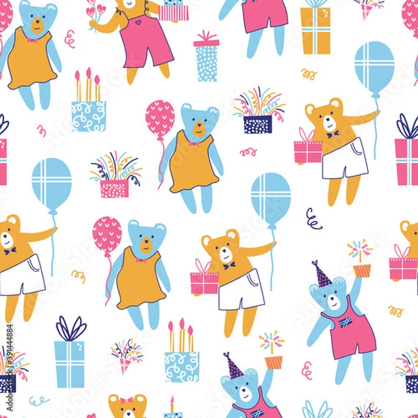 Fototapeta Celebratory pattern with funny bears in flat style. Cartoon vector party background for event decoration