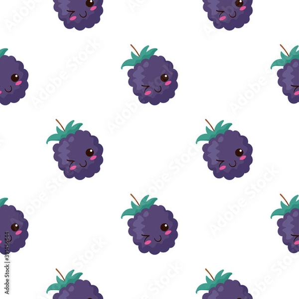Fototapeta Kawaii Blackberry seamless pattern. Cute vector illustration. Funny healthy food characters isolated on white background. Use for cafe, children menu, fabric print, wrapping paper. Summer berries.