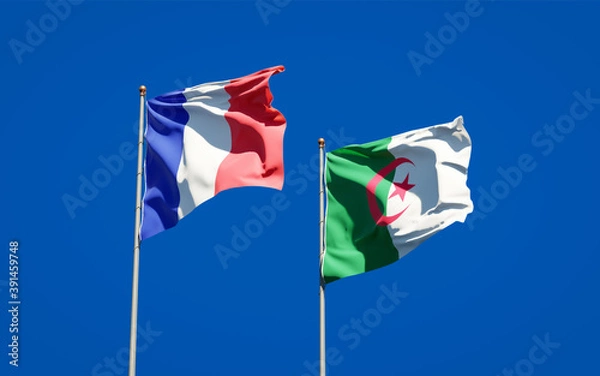 Fototapeta Beautiful national state flags of France and Algeria together at the sky background. 3D artwork concept.