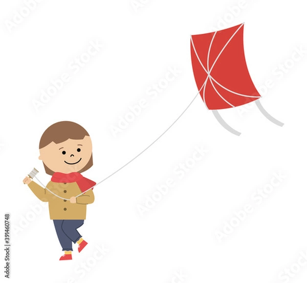Obraz 凧揚げをする女の子のイラスト