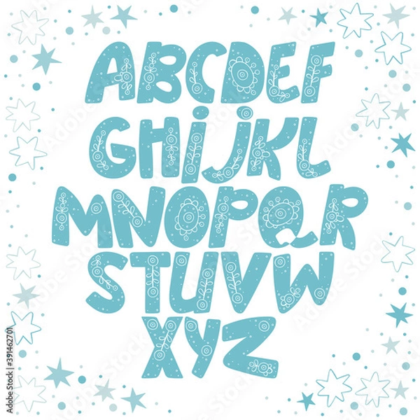Fototapeta English alphabet. Paisley ornament letters. Square frame. Stars, snowflakes and dots. Isolated vector objects on white background.