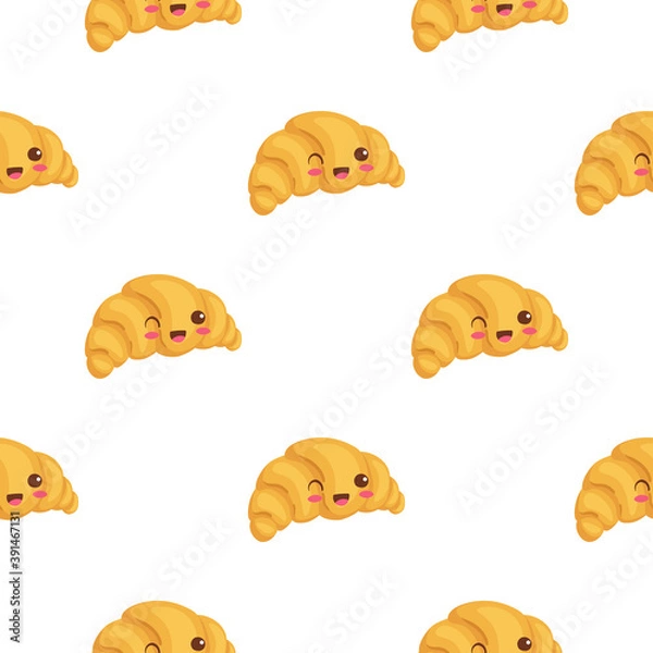 Fototapeta Kawaii Croissant seamless pattern. Cute vector illustration. Funny smiling bakery characters isolated on white background. Use for cafe decorations, food hall menu, t-shirt print, wrapping paper.