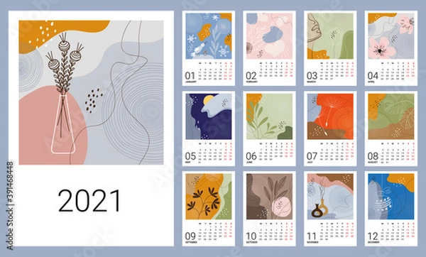 Fototapeta Calendar template for 2021. Vertical design with abstract natural patterns. Editable vector illustration, set of 12 months with cover. Week starts on Monday.