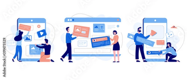 Obraz The concept of developing websites and mobile applications. Vector illustration. Social media graphic design. Landing page template designed by man and woman. Flat style