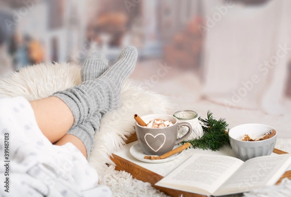 Obraz cocoa, hot chocolate, book, cosy in the wintertime