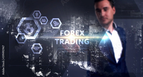 Fototapeta Business, Technology, Internet and network concept. Young businessman working on a virtual screen of the future and sees the inscription: Forex trading