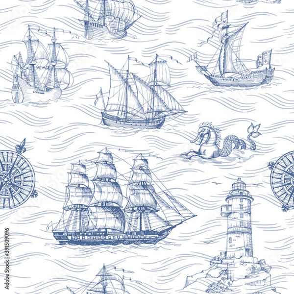 Obraz Old caravel, vintage sailboat. Hand drawn vector sketch. Detail of the old geographical maps of sea. Vector seamless pattern