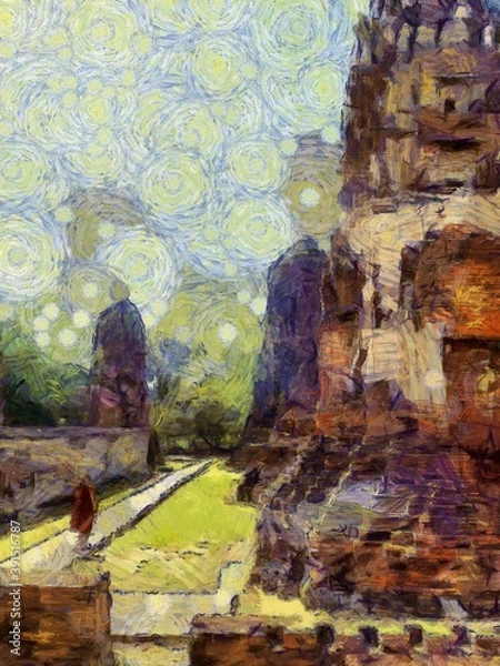 Fototapeta Ancient Ruins in Ayutthaya Illustrations creates an impressionist style of painting.