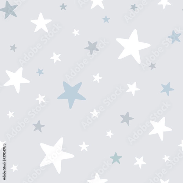 Fototapeta Baby boy nursery seamless pattern with blue stars on gray background. Perfect for fabric, textile, nursery decoration, baby shower, Christmas rapping. Surface pattern design.