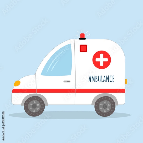 Fototapeta Ambulance in flat cartoon style on blue background. Vector
