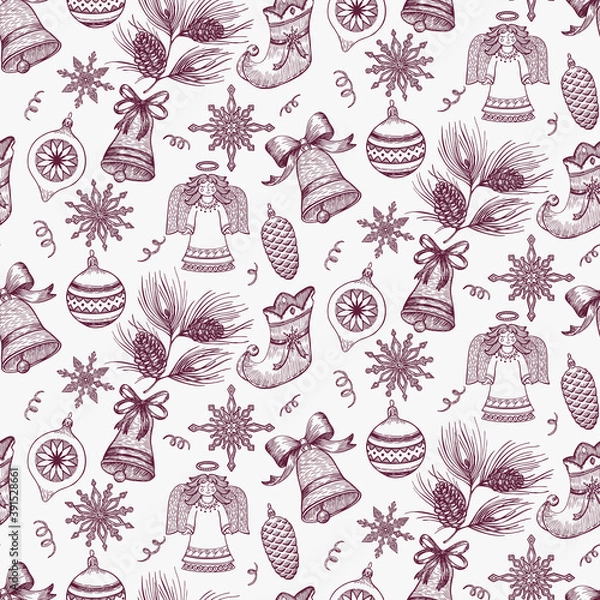 Fototapeta Vector seamless pattern Christmas, New Year with hand drawn elements. Romantic illustration in vintage style, greeting card. Winter template.