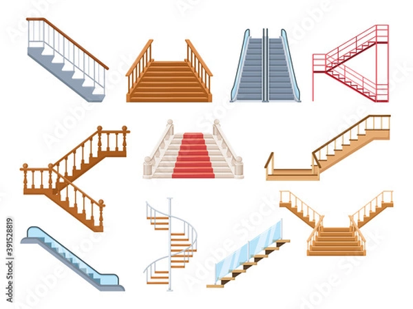 Obraz Wooden and metal staircase with handrails set. Wooden staircases covered with carpet, spiral staircase, store escalator, floor to floor ladder isolated cartoon