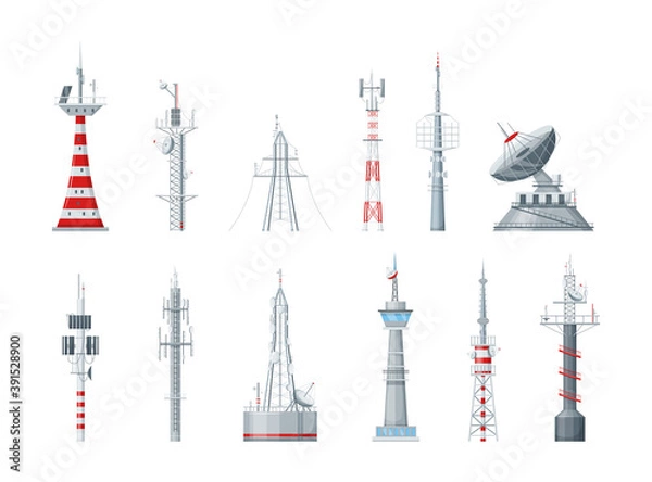 Fototapeta Communication towers set. Radio wireless masts and telecommunication towers, radio tv antenna. Communication satellite antenna, wireless television broadcast isolated