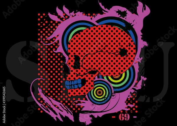 Fototapeta Red retro colored skull with blue teeth surrounded by purple elements, blue and green circles. Background is black with a lot of red dots and a 69 in the right corner.