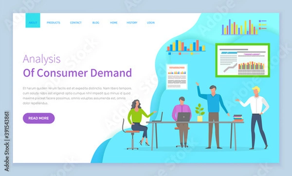 Fototapeta Analysis of consumer demand website vector. Workers with laptop discuss statistical indicators, analyze sales charts and graphs, make a plan to attract customers. Webpage template, landing page