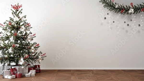 Obraz christmas tree, presents and decoration in empty living room, white mockup wall, 3D Illustration