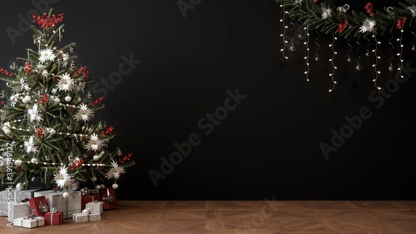 Obraz christmas tree, presents and decoration in empty living room, black mockup wall, 3D Illustration