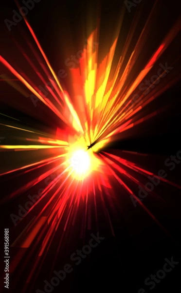 Fototapeta Futuristic lens flare. Light explosion star with glowing particles and lines. Beautiful abstract rays background.