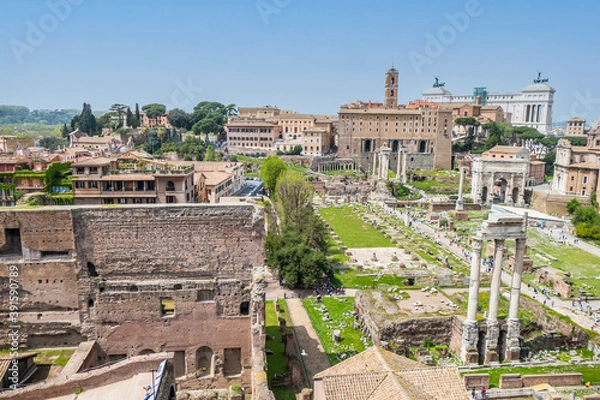 Fototapeta aerial panoramic view of the ruins of the Roman Forum