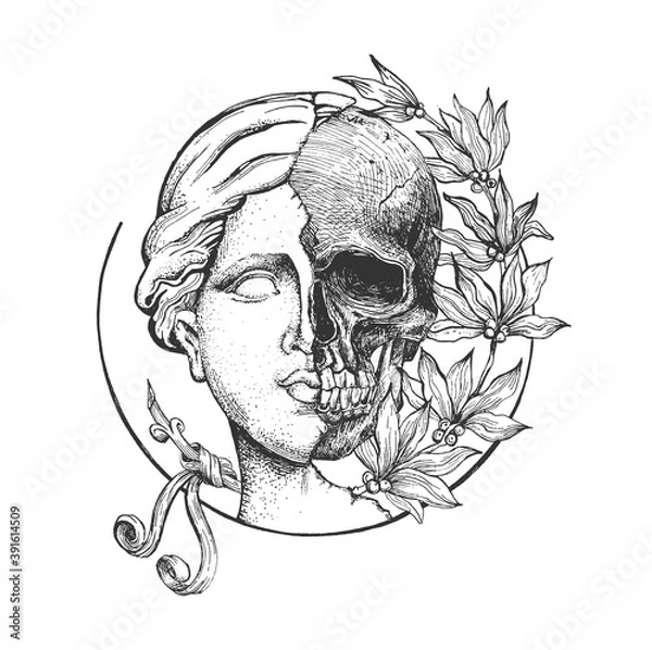 Fototapeta Venus head and skull with flowers