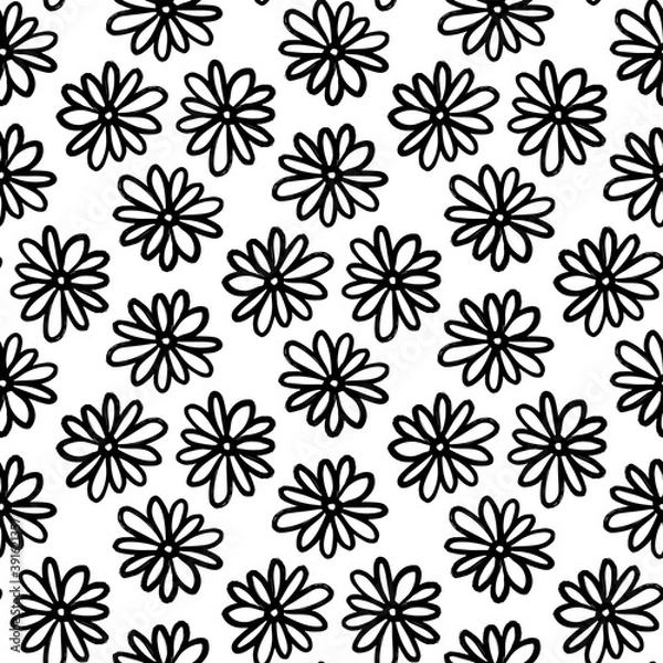 Fototapeta Beautiful black chamomile flowers isolated on white background. Cute monochrome floral seamless pattern. Vector flat graphic hand drawn illustration. Texture.