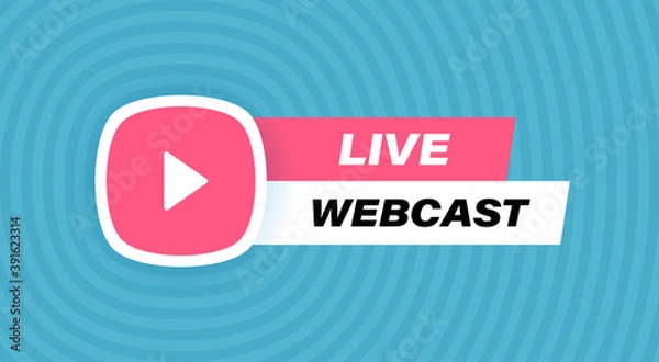 Fototapeta Live webcast badge design with play button isolated on geometric background in blue colors. Modern flat style vector illustration
