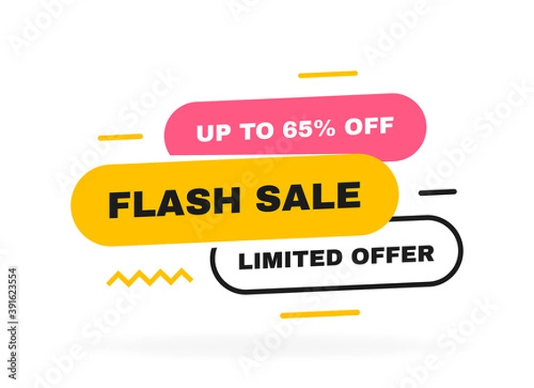 Fototapeta Flash sale banner design with geometric elements. Limited offer up to 65 percent off. Banners template design for business, promotion, sale and advertising. Vector illustration