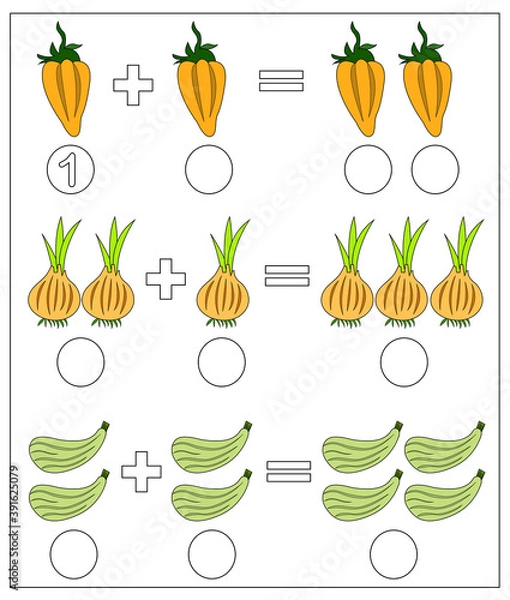 Fototapeta Educational game for kids. Solve math examples for addition. Fold vegetables: pepper, onion, zucchini.