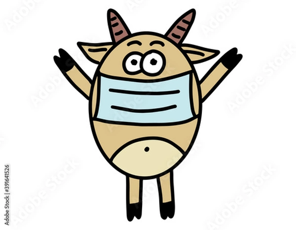 Fototapeta Bull in medical mask. Symbol of the new year 2021. Hand drawn lines cartoon doodle cow. Christmas and new year concept. Vector illustration isolation on white background.