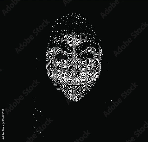 Fototapeta Portrait of computer hacker in hoodie and mask. Human head with pixelated face. Data thief, internet fraud, dark anonymous vector . Privacy concept. Personal data security illustration