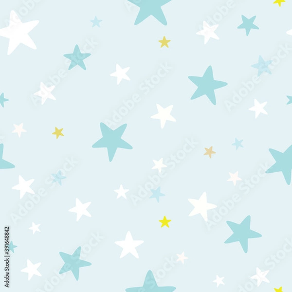 Fototapeta Baby boy nursery seamless pattern with white stars on blue background. Perfect for fabric, textile, nursery decoration, baby shower, Christmas rapping . Surface pattern design.