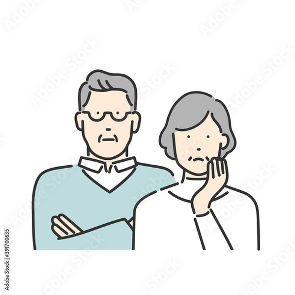 Fototapeta 考え事をしているシニア世代の夫婦　上半身イラスト素材　