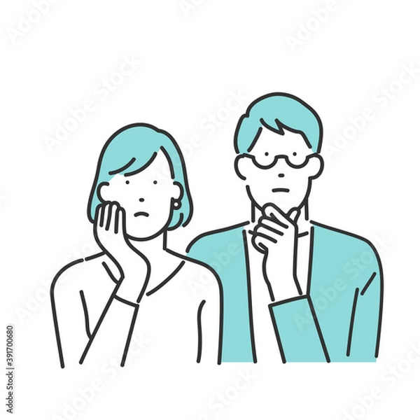 Fototapeta 考え事をしている若い夫婦・カップル　上半身イラスト素材