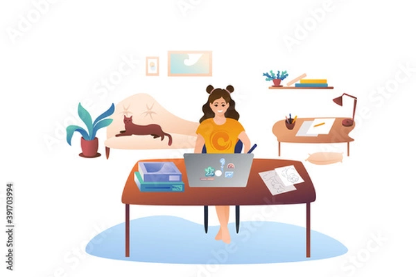 Fototapeta The woman draws with a stylus on a graphics tablet. Cozy office at home, remoteworking as a home designer. A girl designer is sitting at a work table. Cat on the sofa.