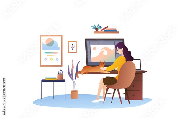 Fototapeta The girl strokes a cat at the workplace. Remote work as a graphic illustrator. Working as a home designer. Cozy home office.
