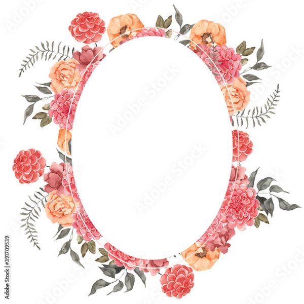Fototapeta Frame with watercolor hand draw flowers and leaf, isolated on white background