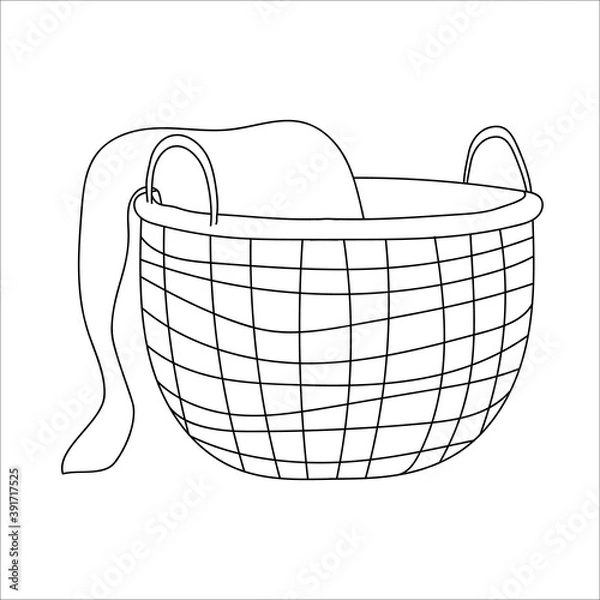 Obraz Line art decorative wicker basket with a blanket. Modern hand drawn outline illustration decoration for home interior, hygge scandinavian style, trendy drawing. creative design. isolated on white