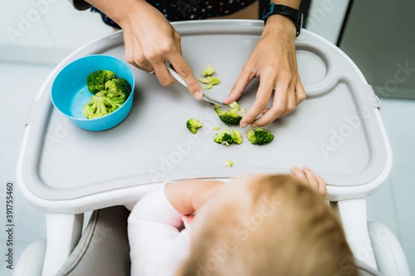 Obraz baby eating broccoli with hands in early stages of baby-led weaning at home