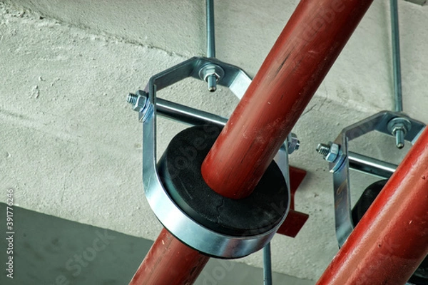 Fototapeta Installation of chilled water pipes and hanging with clevis hanger support