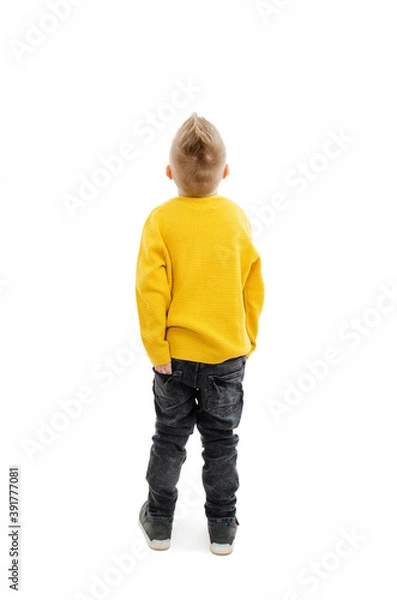 Obraz Back view of little boy looking at wall. Rear view. Isolated on white background 