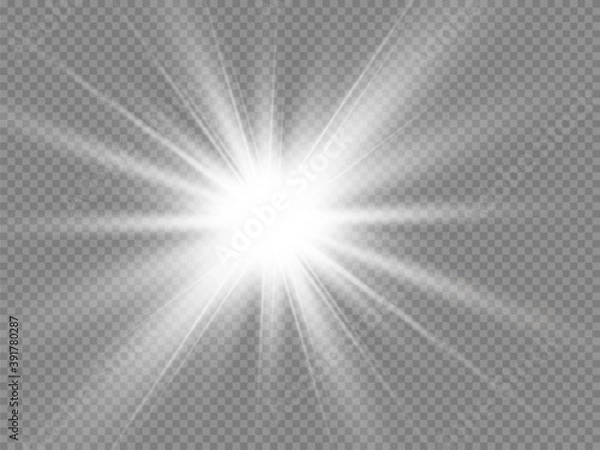 Fototapeta White glowing light explodes on a transparent background. Sparkling magical dust particles. Bright Star. Transparent shining sun, bright flash. Vector sparkles.