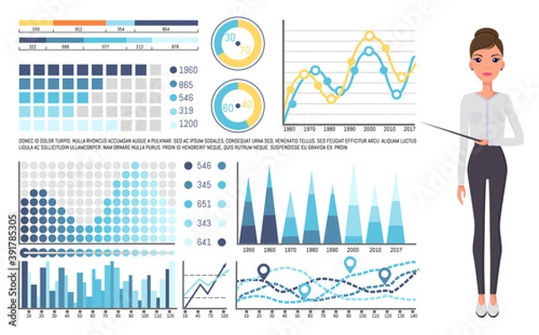 Obraz Young beautiful slender businesswoman, secretary or top manager points to presentation. Woman in black pants and white blouses. Set of colorful diagrams, bar and pie charts. Business infographics