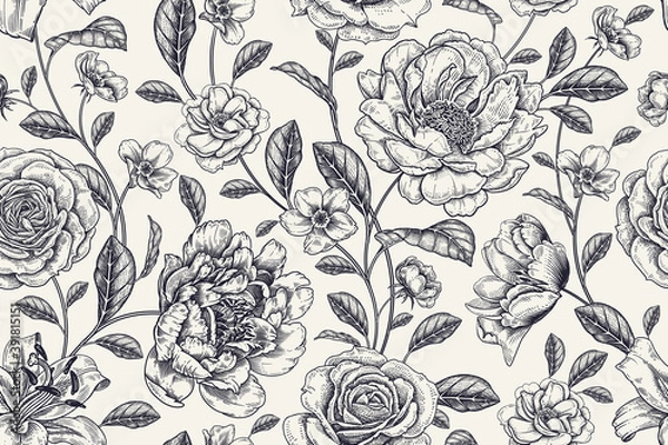 Fototapeta Floral black and white background. Vintage seamless pattern. Vector.