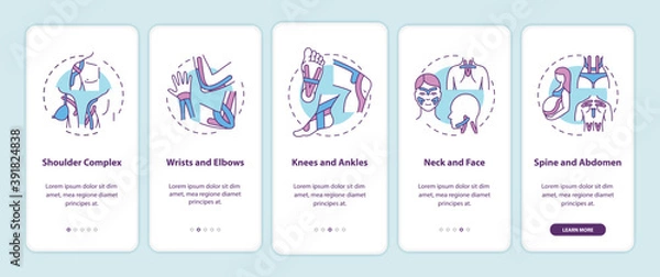Obraz Muscle complex onboarding mobile app page screen with concepts. Body health. Kinesiology tape walkthrough 5 steps graphic instructions. UI vector template with RGB color illustrations
