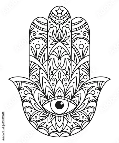 Fototapeta Vector illustration. Black and white coloring with hamsa