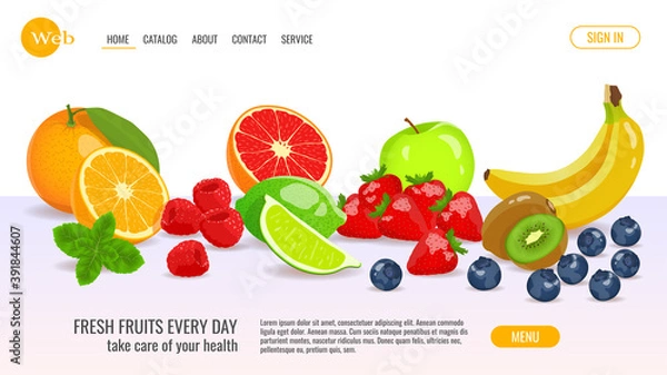 Fototapeta Website design with fresh fruits and berries. Fresh fruits, healthy food, detox, vegan concept. Vector illustration for banner, poster, cover.