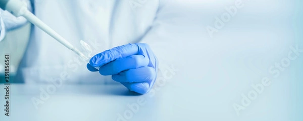 Fototapeta Hands of a scientist who works with pipette and a test tube. Research technician in the genetic laboratory. medical and research banner