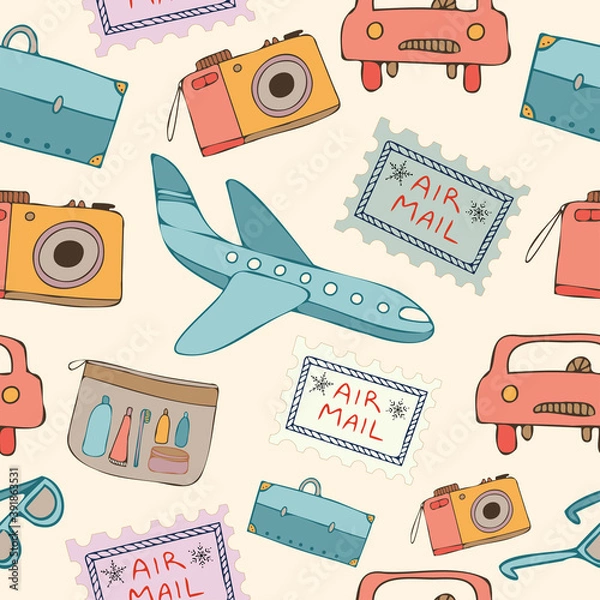 Obraz Seamless vector pattern vintage travelling design with camera, airplane, car