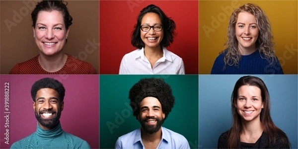 Fototapeta Group of 6 different people in front of a colored background