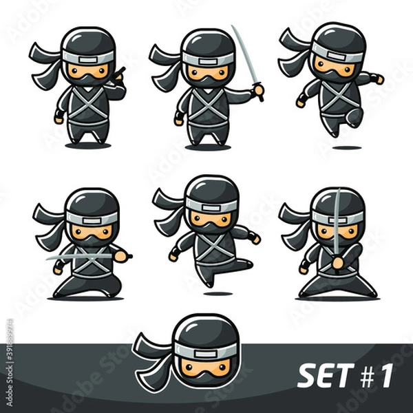 Fototapeta Cartoon little black ninja set 1 with six different actions stand and use sword
